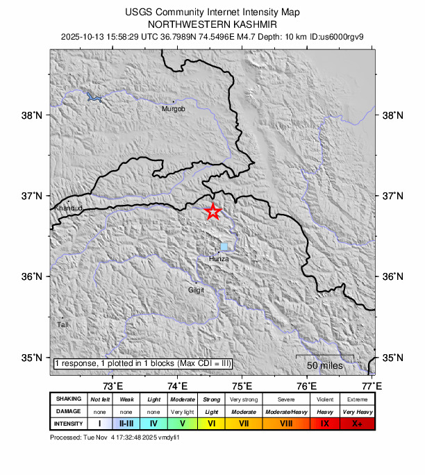 USGS DYFI community-reported intensity map for the M4.7 earthquake near 54 km NNW of Barishal, Pakistan
