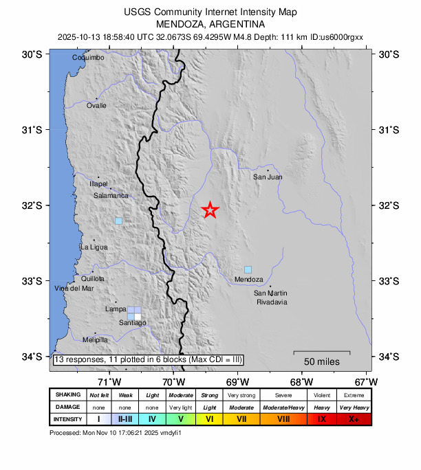 USGS DYFI community-reported intensity map for the M4.6 earthquake near 81 km S of Calingasta, Argentina