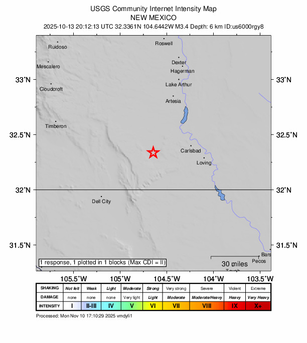 USGS DYFI community-reported intensity map for the M3.4 earthquake near 30 km NW of Whites City, New Mexico