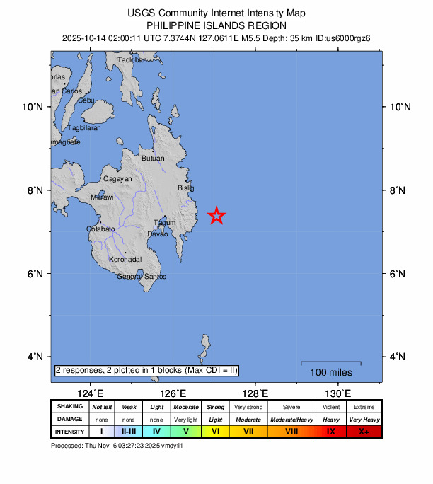 USGS DYFI community-reported intensity map for the M5.5 earthquake near 53 km E of Baculin, Philippines
