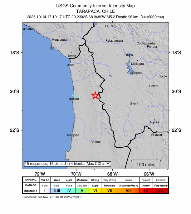 USGS DYFI community-reported intensity map for the M5.2 earthquake near 74 km E of La Tirana, Chile
