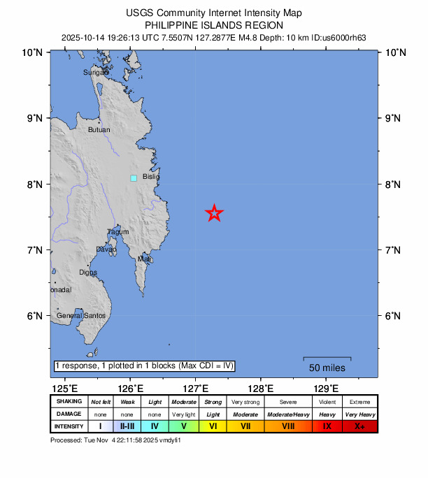 USGS DYFI community-reported intensity map for the M4.8 earthquake near 78 km E of Baculin, Philippines