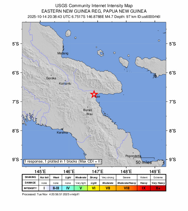 USGS DYFI community-reported intensity map for the M4.7 earthquake near 13 km WSW of Lae, Papua New Guinea