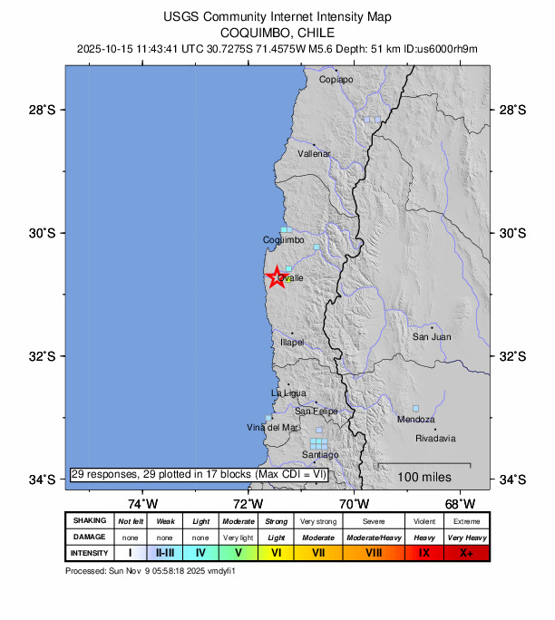 USGS DYFI community-reported intensity map for the M5.6 earthquake near 33 km WSW of Ovalle, Chile