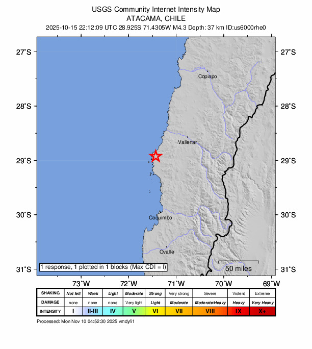 USGS DYFI community-reported intensity map for the M4.3 earthquake near 76 km WSW of Vallenar, Chile