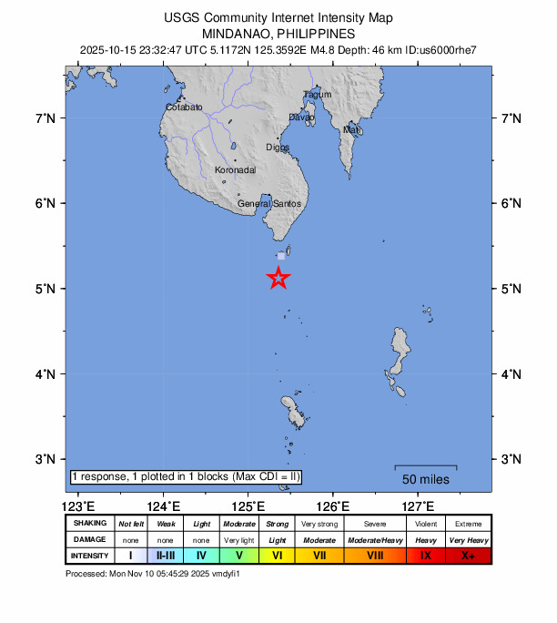 USGS DYFI community-reported intensity map for the M4.8 earthquake near 33 km SSW of Sarangani, Philippines