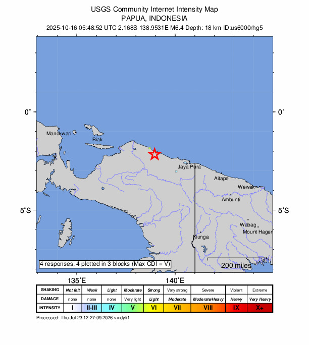 USGS DYFI community-reported intensity map for the M6.4 earthquake near 192 km WNW of Abepura, Indonesia