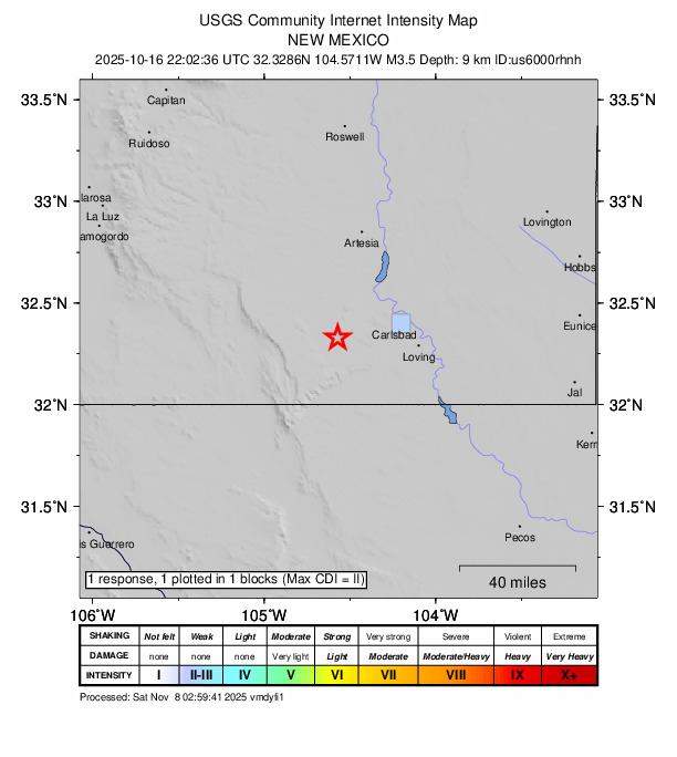 USGS DYFI community-reported intensity map for the M3.5 earthquake near 24 km NW of Whites City, New Mexico