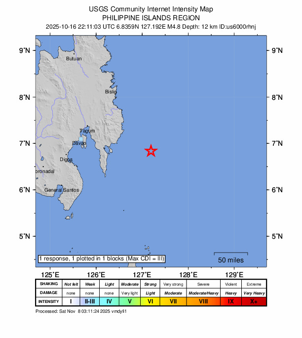 USGS DYFI community-reported intensity map for the M4.8 earthquake near 83 km ESE of Manay, Philippines