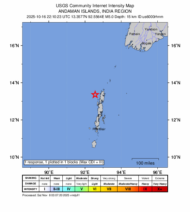 USGS DYFI community-reported intensity map for the M5.0 earthquake near 184 km N of Bamboo Flat, India