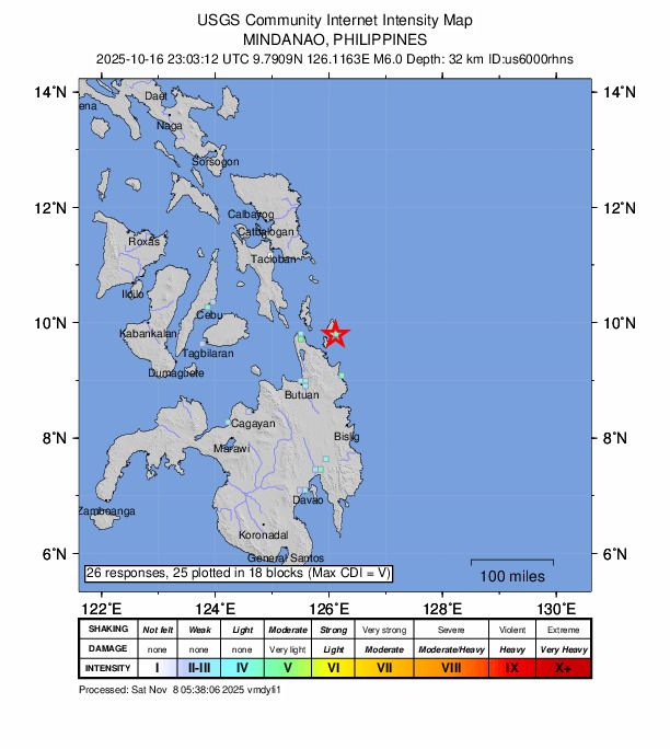 USGS DYFI community-reported intensity map for the M6.0 earthquake near 3 km N of Union, Philippines