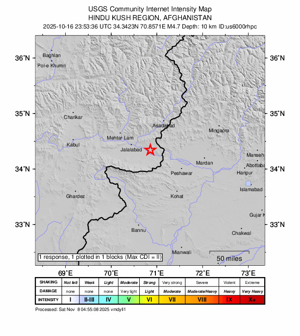 USGS DYFI community-reported intensity map for the M4.7 earthquake near 10 km N of Bāsawul, Afghanistan
