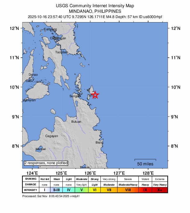 USGS DYFI community-reported intensity map for the M4.8 earthquake near 7 km ESE of Union, Philippines