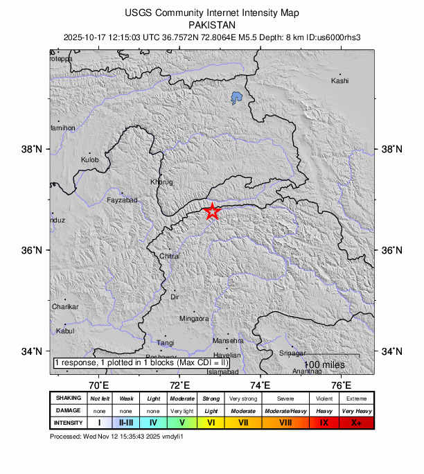 USGS DYFI community-reported intensity map for the M5.5 earthquake near 48 km ESE of Khandūd, Afghanistan