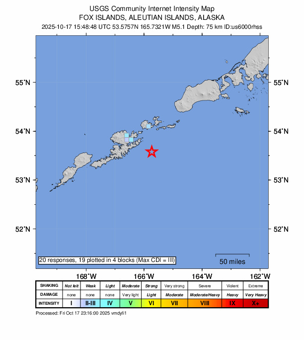 USGS DYFI community-reported intensity map for the M5.1 earthquake near 49 km S of Akutan, Alaska
