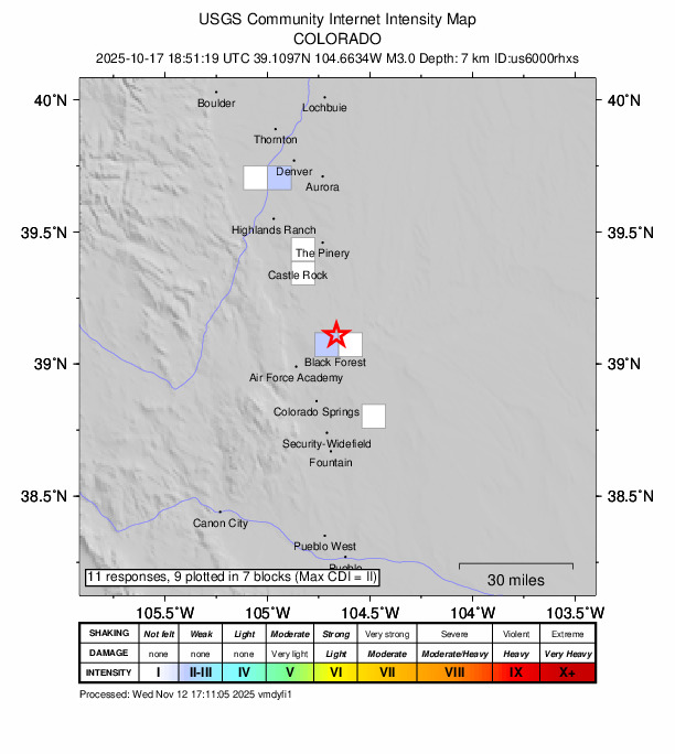 USGS DYFI community-reported intensity map for the M3.0 earthquake near 11 km NNE of Black Forest, Colorado