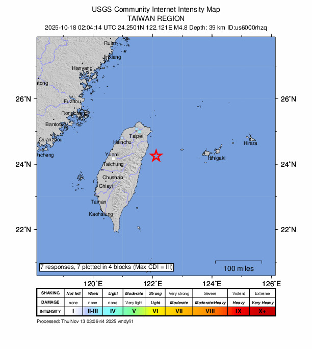 USGS DYFI community-reported intensity map for the M4.8 earthquake near 60 km ENE of Hualien City, Taiwan