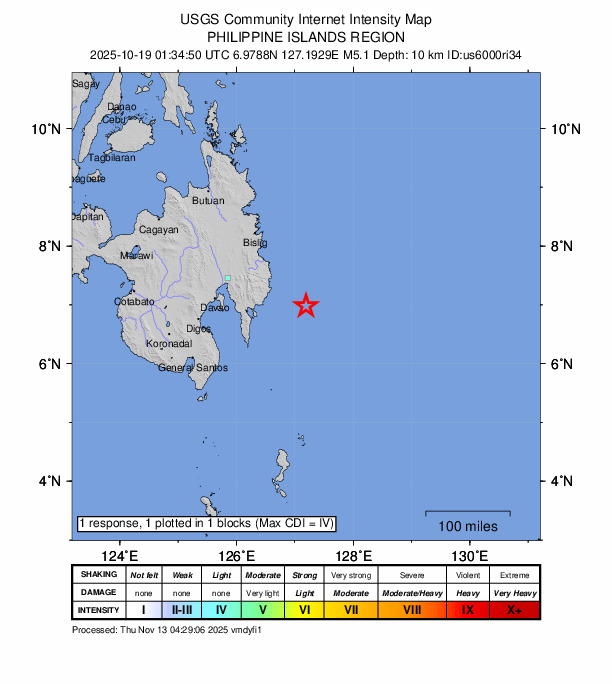 USGS DYFI community-reported intensity map for the M5.1 earthquake near 82 km ESE of Santiago, Philippines