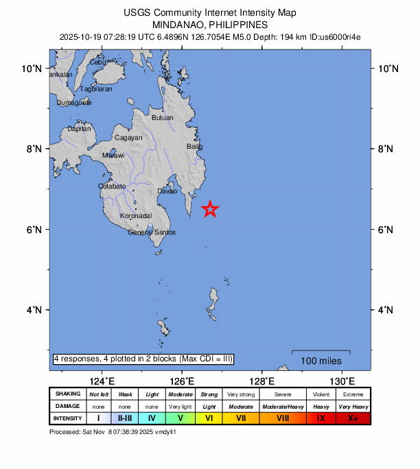 USGS DYFI community-reported intensity map for the M5.0 earthquake near 59 km SE of Bobon, Philippines