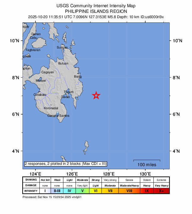 USGS DYFI community-reported intensity map for the M5.8 earthquake near 93 km ESE of Santiago, Philippines
