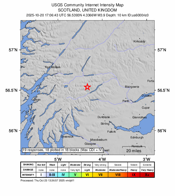 USGS DYFI community-reported intensity map for the M3.9 earthquake near 29 km NW of Comrie, United Kingdom