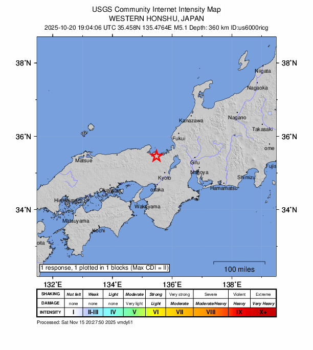 USGS DYFI community-reported intensity map for the M5.1 earthquake near 7 km WSW of Takahama, Japan