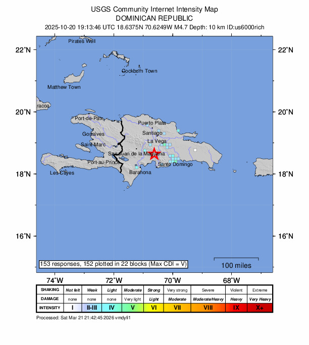 USGS DYFI community-reported intensity map for the M4.7 earthquake near 16 km NW of San José de Ocoa, Dominican Republic