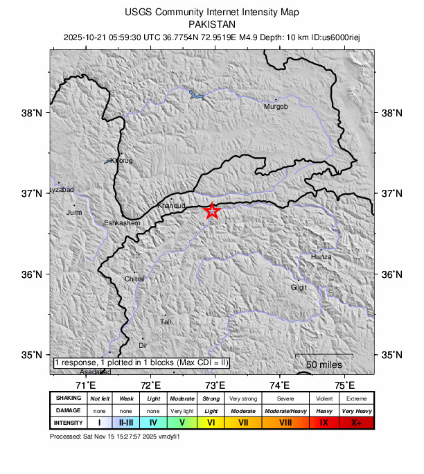 USGS DYFI community-reported intensity map for the M4.9 earthquake near 59 km ESE of Khandūd, Afghanistan