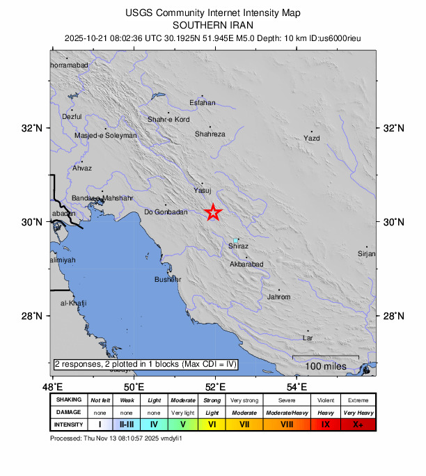 USGS DYFI community-reported intensity map for the M4.9 earthquake near 32 km ENE of Nūrābād, Iran