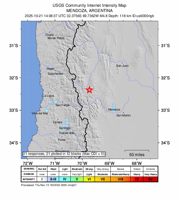 USGS DYFI community-reported intensity map for the M4.8 earthquake near 95 km ENE of Los Andes, Chile