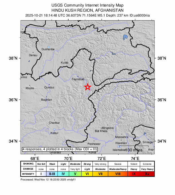 USGS DYFI community-reported intensity map for the M5.1 earthquake near 34 km WSW of Ashkāsham, Afghanistan