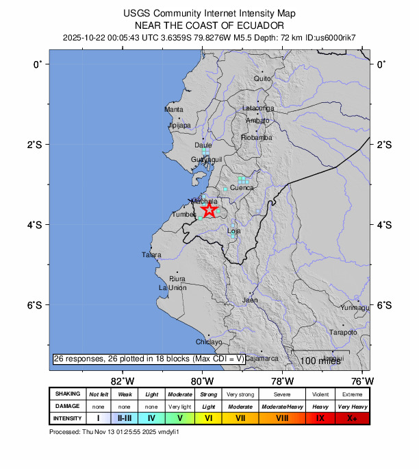 USGS DYFI community-reported intensity map for the M5.5 earthquake near 19 km WNW of Piñas, Ecuador