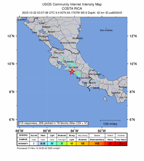 USGS DYFI community-reported intensity map for the M5.9 earthquake near 21 km SSW of Quepos, Costa Rica