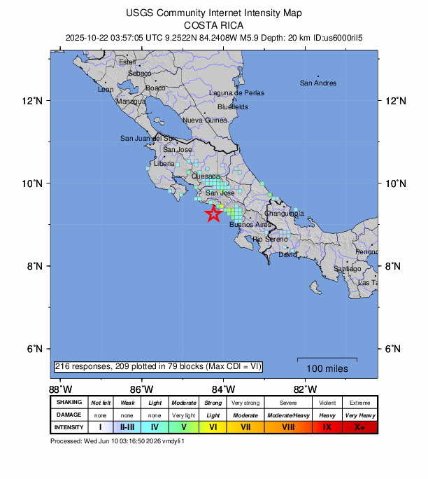 USGS DYFI community-reported intensity map for the M5.9 earthquake near 21 km SSW of Quepos, Costa Rica