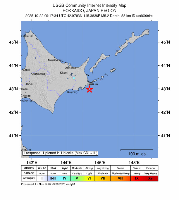 USGS DYFI community-reported intensity map for the M4.9 earthquake near 41 km SSW of Nemuro, Japan