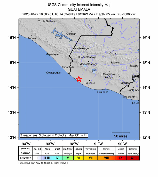 USGS DYFI community-reported intensity map for the M4.7 earthquake near 11 km ENE of Champerico, Guatemala