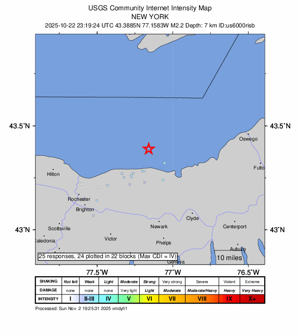 USGS DYFI community-reported intensity map for the M2.2 earthquake near 12 km N of Pultneyville, New York