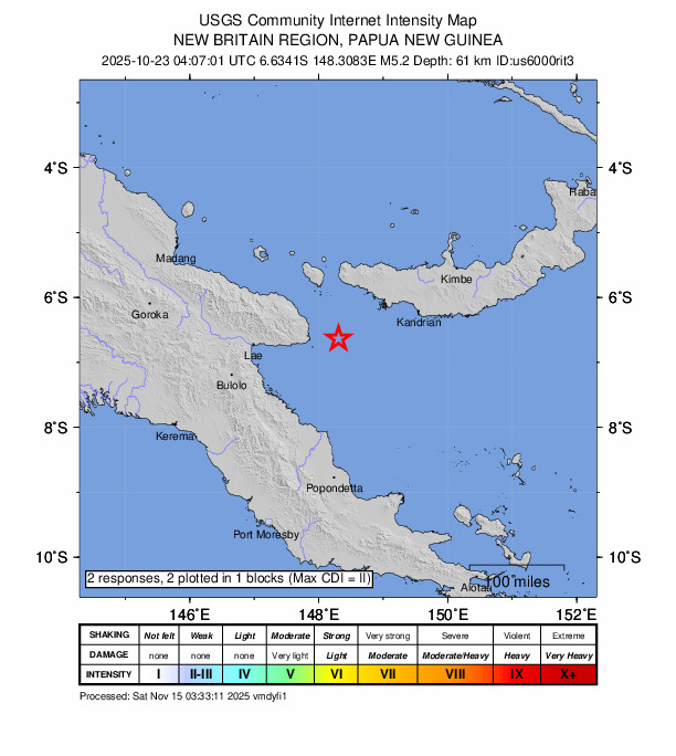 USGS DYFI community-reported intensity map for the M5.2 earthquake near 51 km E of Finschhafen, Papua New Guinea