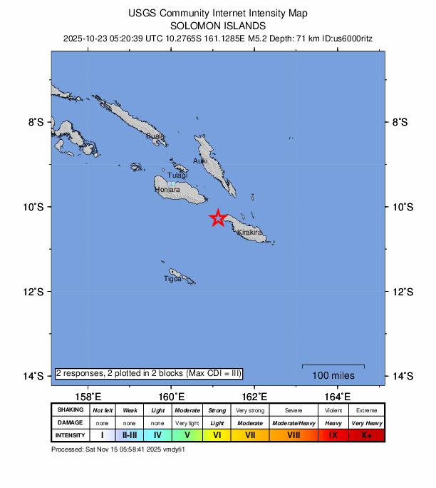 USGS DYFI community-reported intensity map for the M5.2 earthquake near 88 km WNW of Kirakira, Solomon Islands