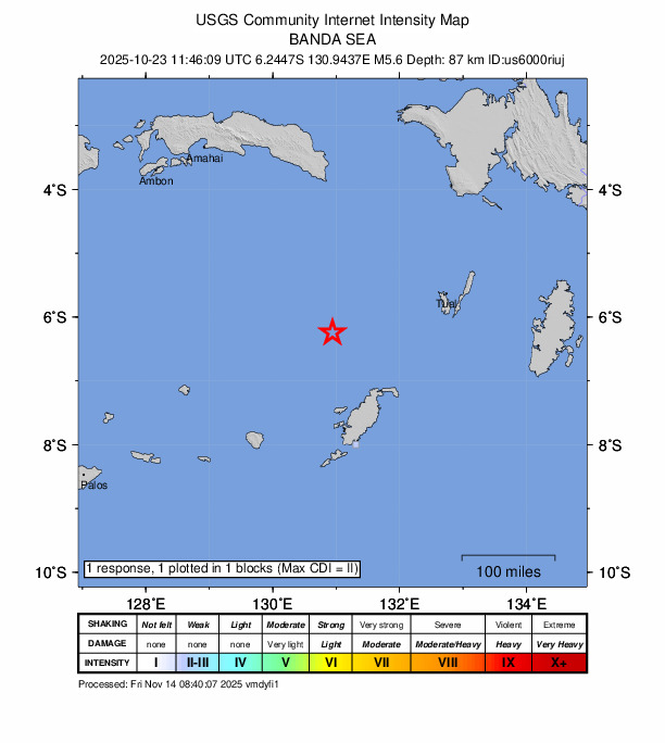 USGS DYFI community-reported intensity map for the M5.6 earthquake near 213 km WSW of Tual, Indonesia
