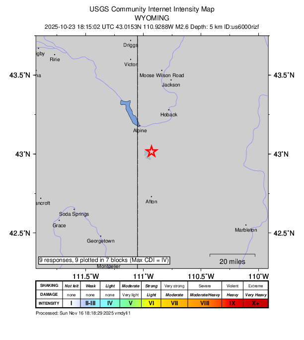 USGS DYFI community-reported intensity map for the M2.6 earthquake near 5 km NNE of Star Valley Ranch, Wyoming