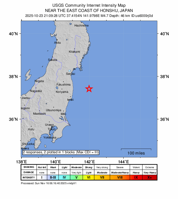 USGS DYFI community-reported intensity map for the M4.7 earthquake near 85 km E of Tomioka, Japan