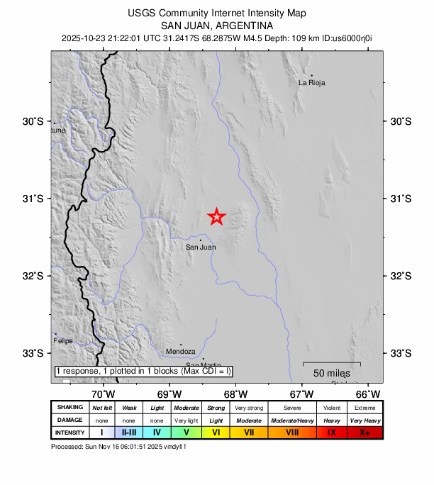 USGS DYFI community-reported intensity map for the M4.5 earthquake near 29 km NE of San Martín, Argentina