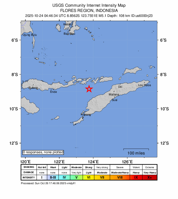 USGS DYFI community-reported intensity map for the M5.1 earthquake near 82 km WNW of Pante Makasar, Timor Leste