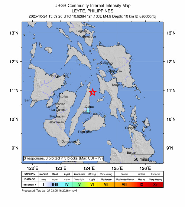 USGS DYFI community-reported intensity map for the M4.9 earthquake near 13 km SE of Anonang, Philippines