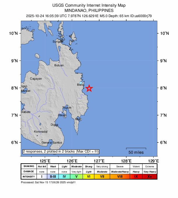 USGS DYFI community-reported intensity map for the M5.0 earthquake near 20 km E of Santa Maria, Philippines