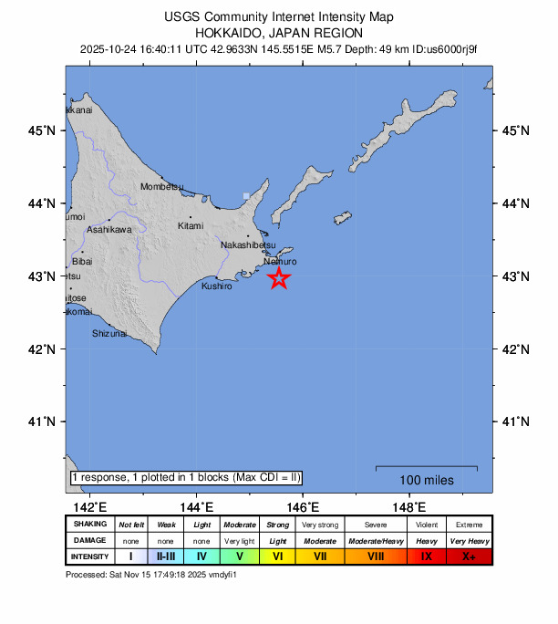 USGS DYFI community-reported intensity map for the M5.7 earthquake near 41 km SSE of Nemuro, Japan