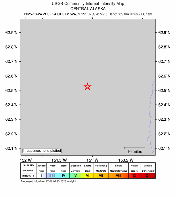 USGS DYFI community-reported intensity map for the M2.1 earthquake near 17 km W of Petersville, Alaska