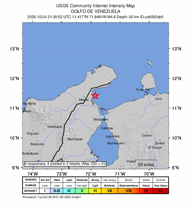 USGS DYFI community-reported intensity map for the M4.7 earthquake near 45 km E of Maicao, Colombia