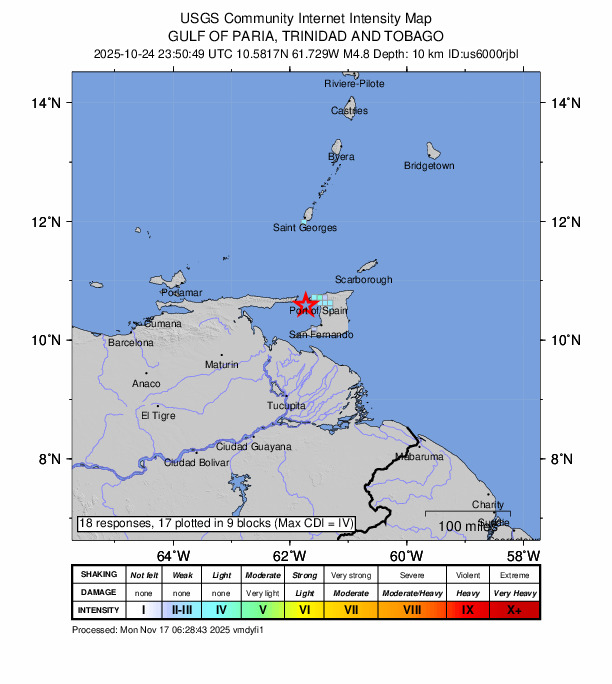 USGS DYFI community-reported intensity map for the M4.8 earthquake near 44 km NE of Güiria, Venezuela